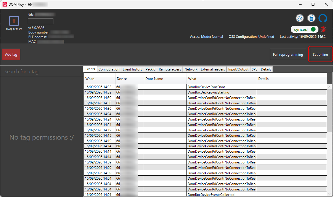 Offline ACM panel with the Set online button