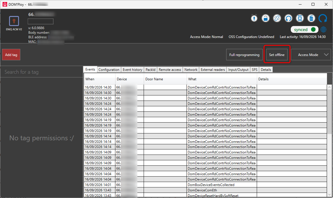 Online ACM panel with the Set offline button