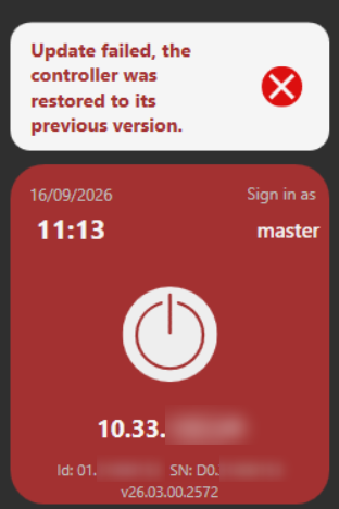 Update failed, the controller was restored to its previous version